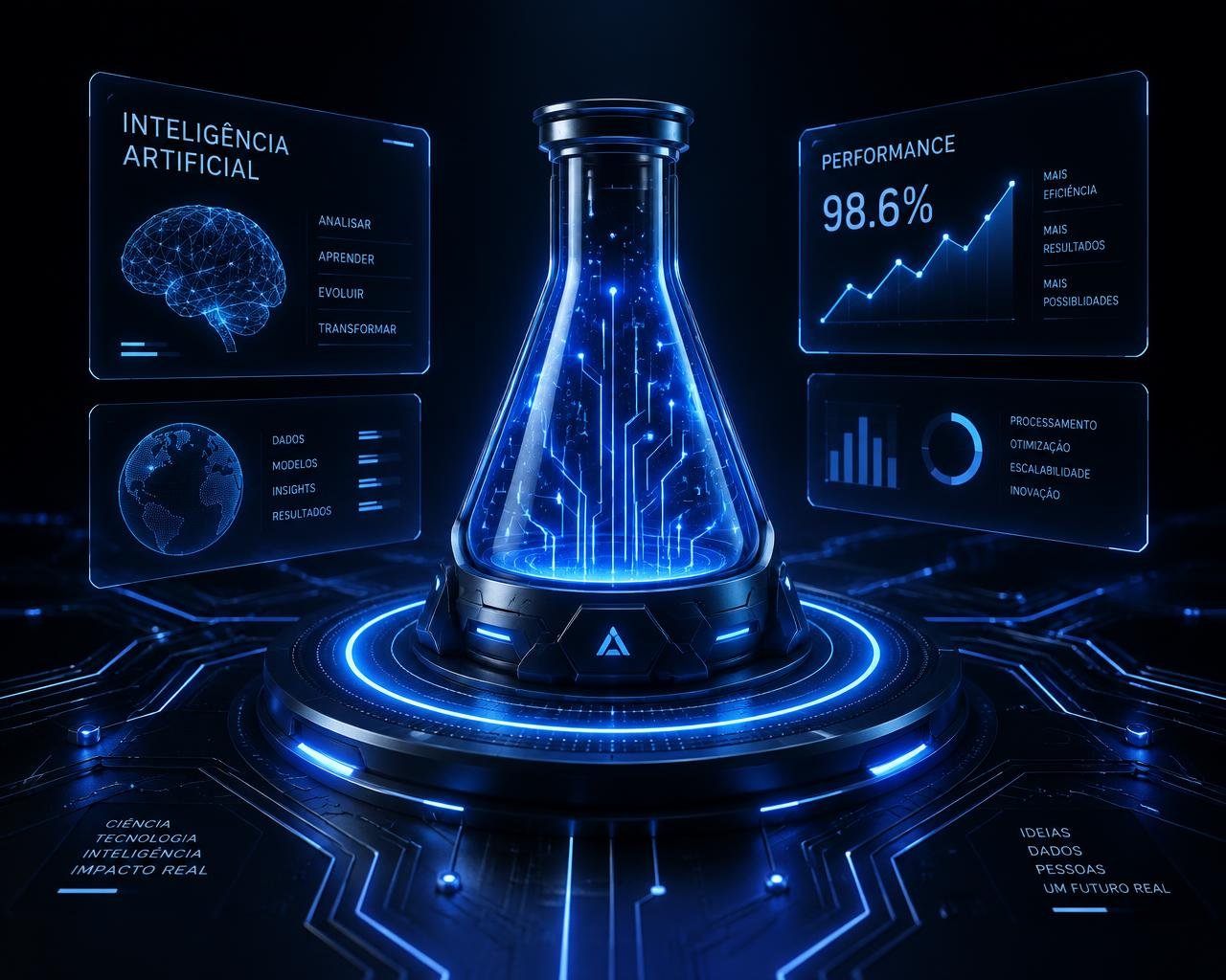 Frasco tecnológico com circuitos de IA sobre plataforma holográfica